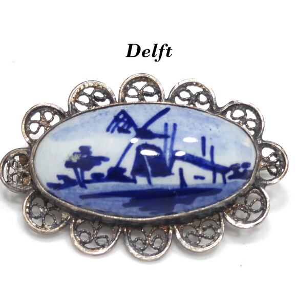 Dutch Delft 835 Silver Filigree Brooch, Windmill Porcelain Pin, 1940s Vintage - Picture 4 of 10